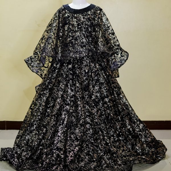 Regal Black & Silver Embroidered A-Line Maxi Dress